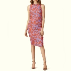 Miaou designer orange ruched floral midi party date night dress XS